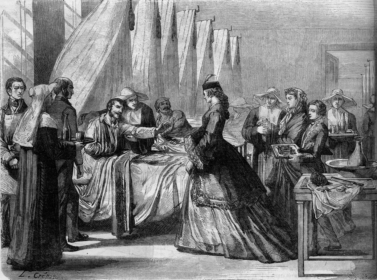 Österrike-preussiska kriget (1866): Kejsarinnan Elisabeth av Österrike (Sissi) (1837-1898) besöker sårade soldater i Wien. Gravyr i "" Le Monde Illustré"" nr 486 den 4 augusti av French School