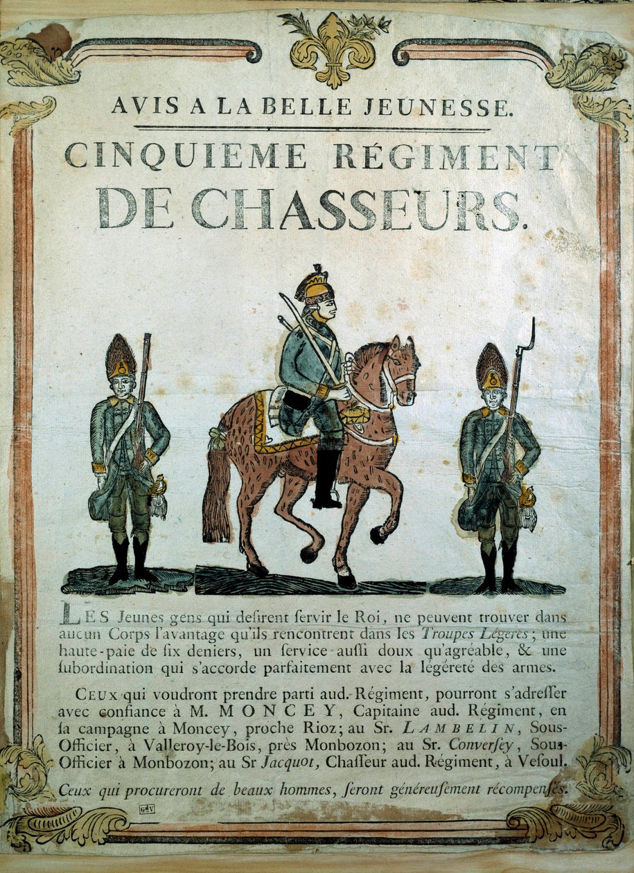Avis à la Belle Jeunesse, rekryteringsaffisch för 5:e jägareregementet 1700-talet. Paris, Musee de l