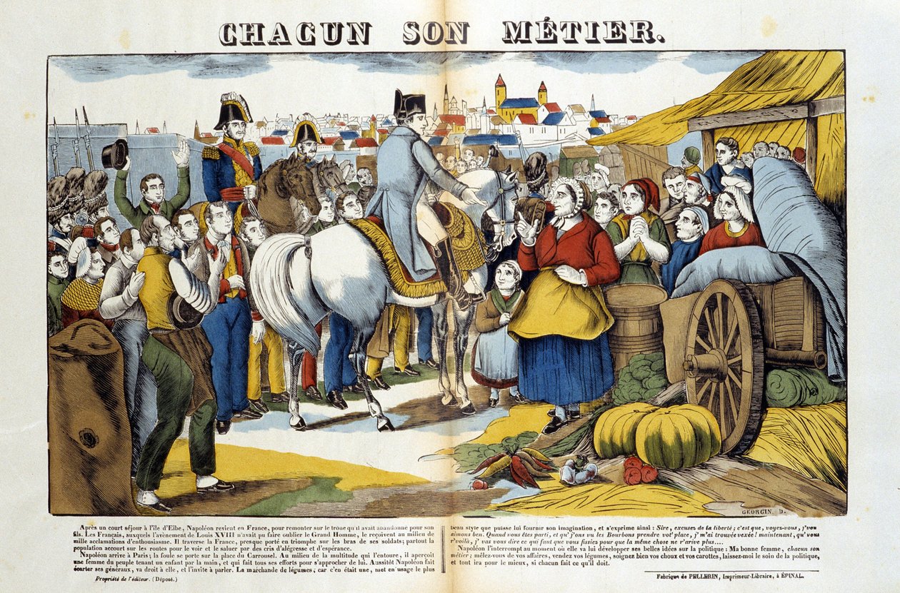 Tillbaka från Elba möttes Napoleon med entusiasm av fransmännen. Bild på Epinal av French School