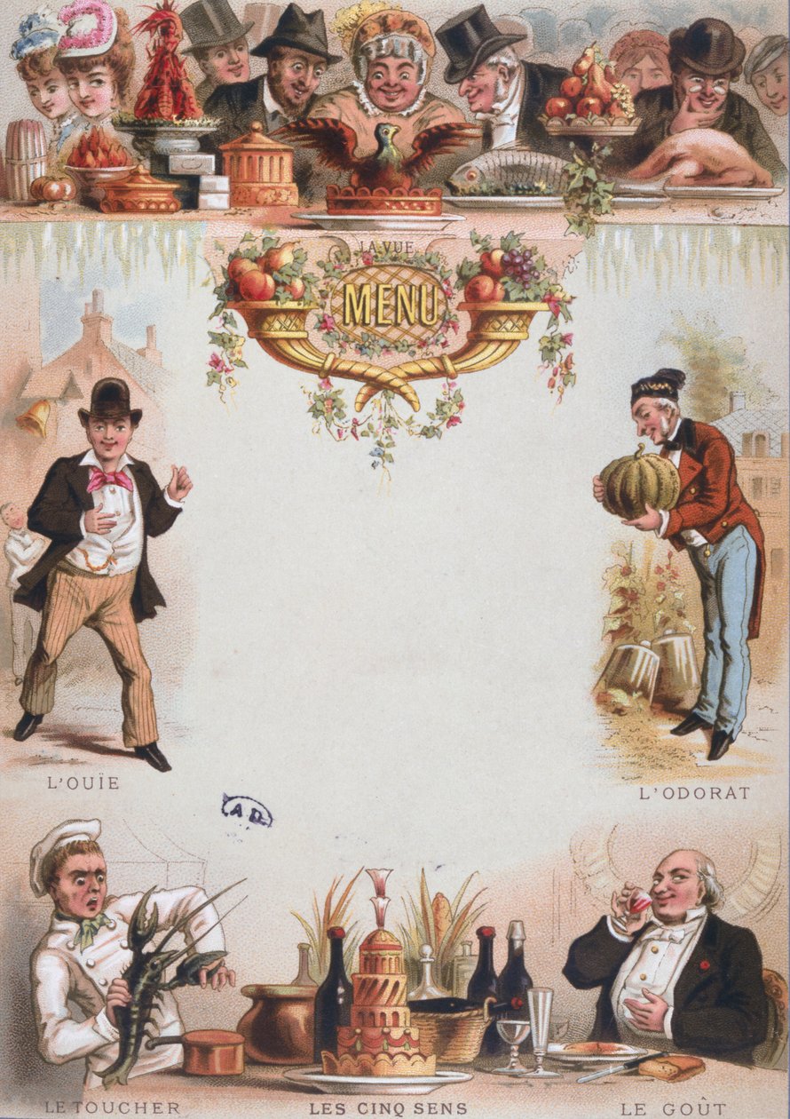 Bakgrundstryck för en meny som visar de fem sinnena, sent 1800-tal (lito i färg) av French School
