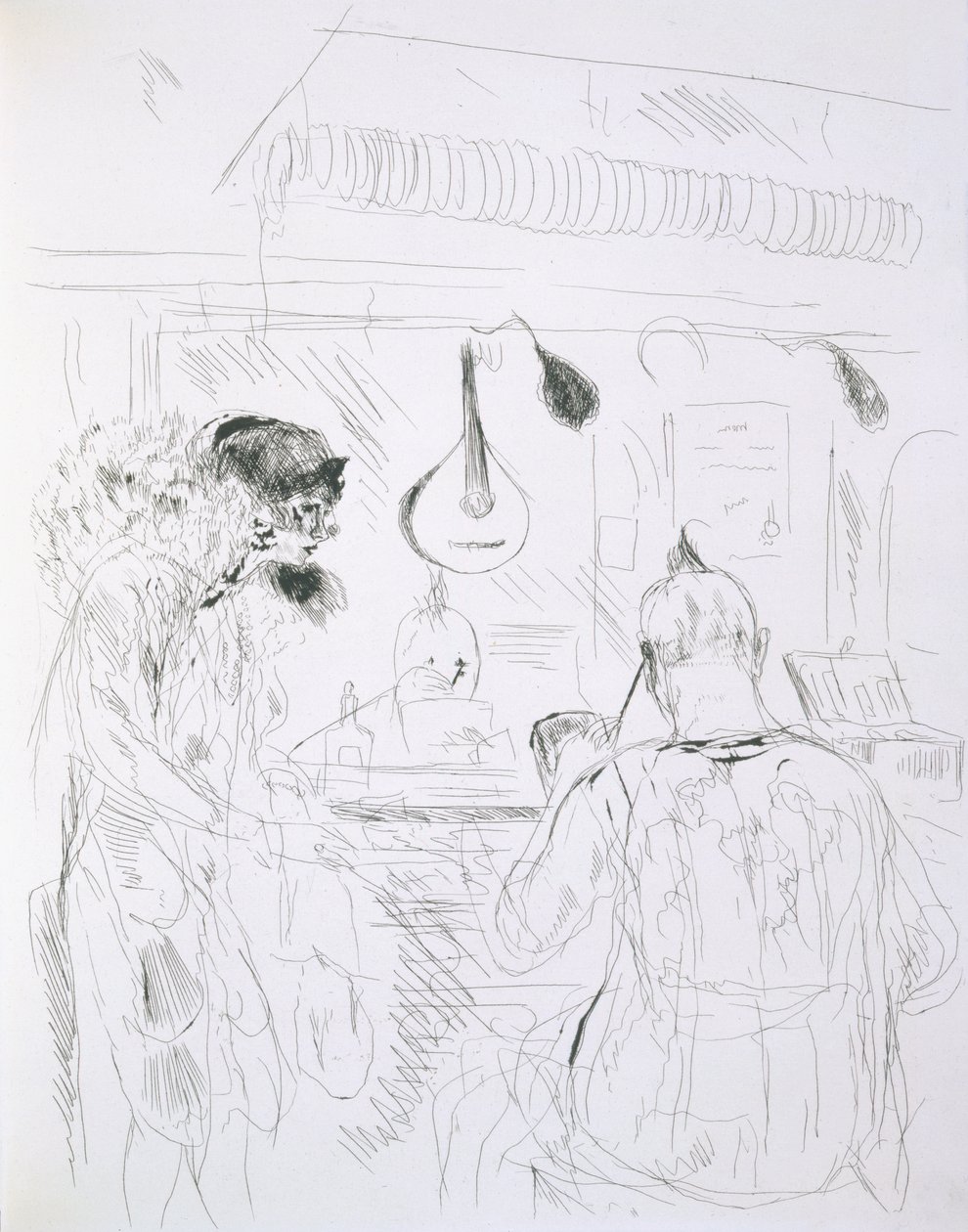Backstage scen på en Paris Bal de Nuit eller cirkus, från Paris Sketches: Etchings by Forain and Raffaelli, 1880 av French School