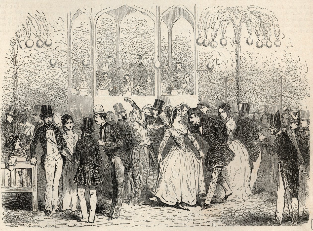 Bal Mabille (dans- och nöjesanläggning, avenue Montaigne, Paris) Gravyr i "Tableau-de-Paris" av Edmond Texier 1852 av French School