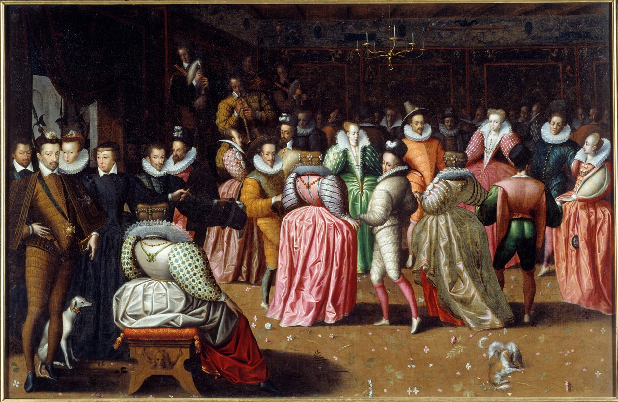 Bal vid kung Henrik III:s hov och drottning Catherine de Medicis (Caterina de Medici) känd som hertigen av Alencons bal. De suveräna är representerade till vänster, inklusive drottning Margot (Margarita av Navarra eller Valois (1553-1615). Målning av F av French School