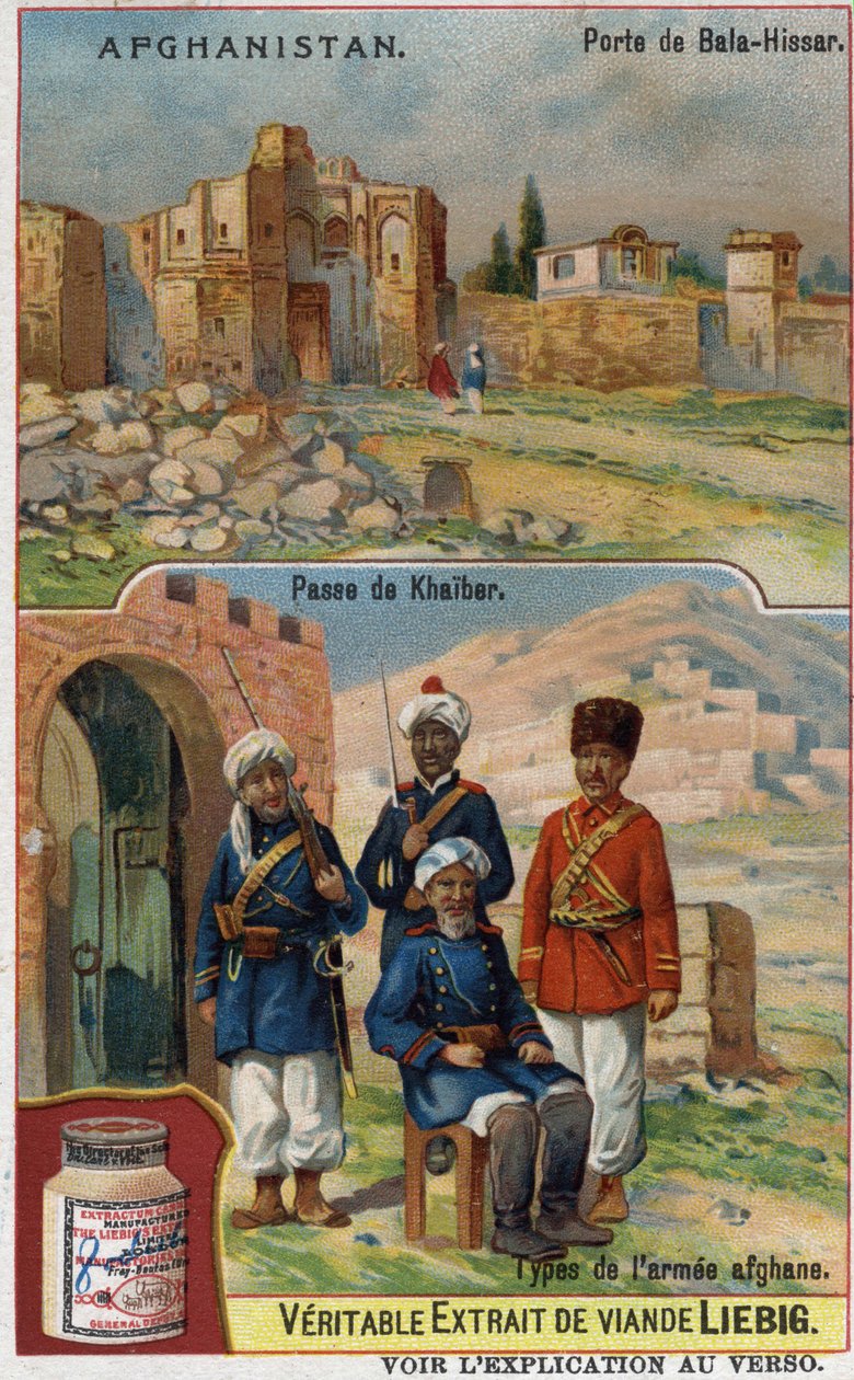 Bala-Hissar Gate i Afghanistan och soldater från den afghanska armén vid Khaiber-övergången. Reklamkromolitografi från 1800-talet. av French School
