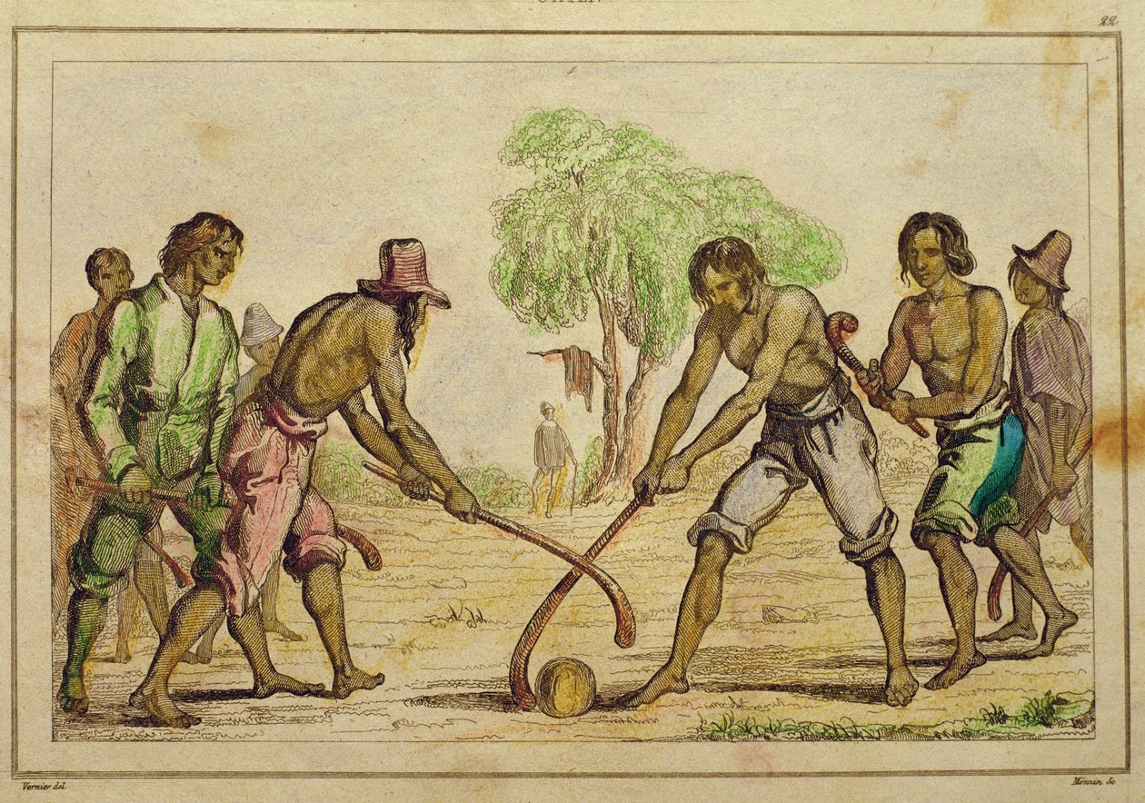 Bollspel, populära seder hos de chilenska indianerna (handfärgad gravyr) av French School