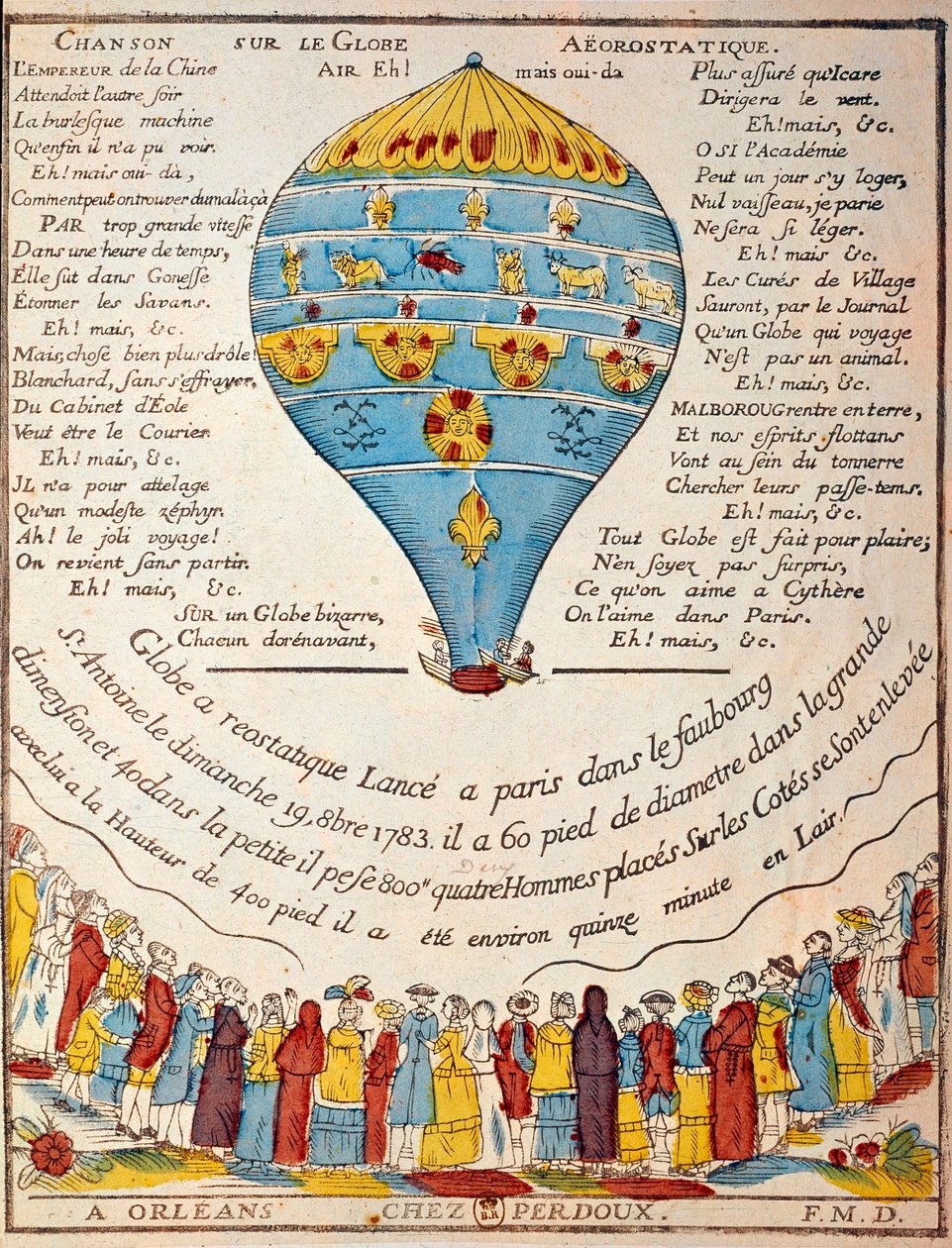 Ballongflygning: bröderna Montgolfiers erfarenhet den 19 oktober 1783 i Monsieur Reveillons trädgård, faubourg Saint Antoine i Paris. Gravyr från Epoque. Paris, B.N. av French School