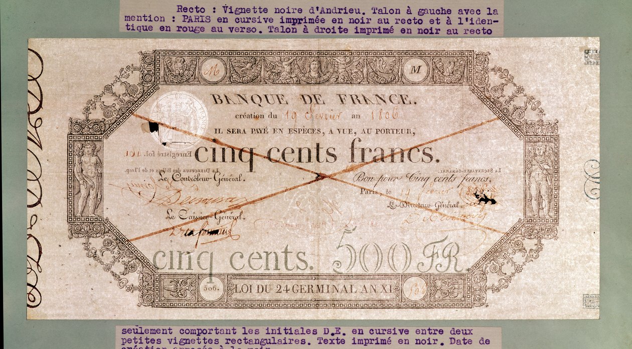 Sedel på 500 franc från Årets 24:e Germinal XI, 1806 (bläck på papper) av French School