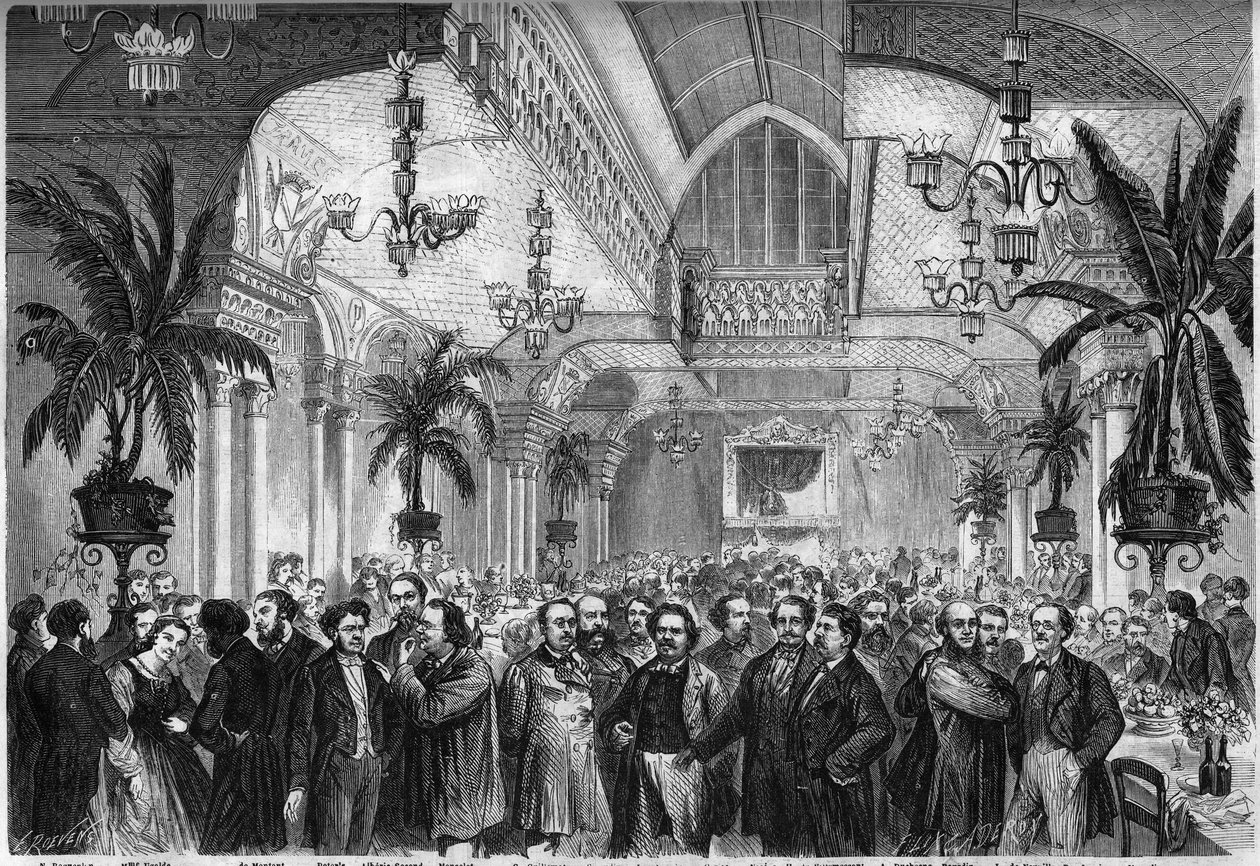 Bankett för tidningen ""Le Figaro"", som ges den 6 februari 1864 i salongen på Restaurant du Passage des Princes i Paris, där journalister, författare, konstnärer... Närvarar, från vänster till höger: Nestor Roqueplan , Mme Ugalde , de Montaut, Peter