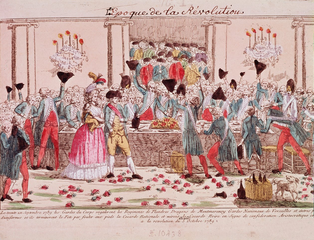 Bankett anordnad den 1 oktober 1789 av kungens livvakter för att välkomna ankomsten av Flanderns regemente (gravyr) av French School
