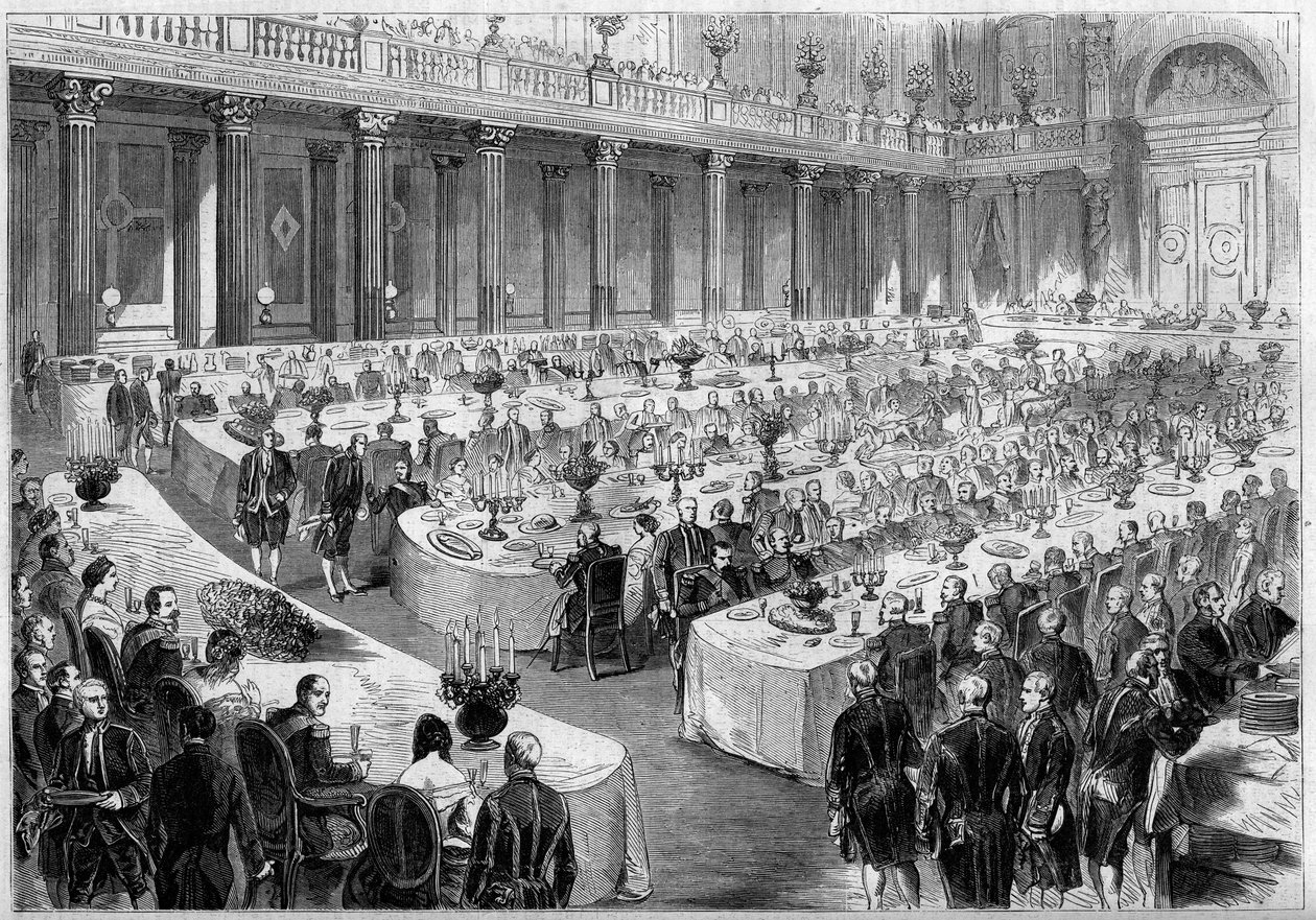 Bankett anordnad den 14 augusti 1859 av Napoleon III i statshallen i Denon-paviljongen i Louvren (Paris) för att hedra den italienska arméns soldater efter deras seger vid Risorgimento 1859. Gravyr i "" Le Monde Illustré"" nr 124 av 27 av French School