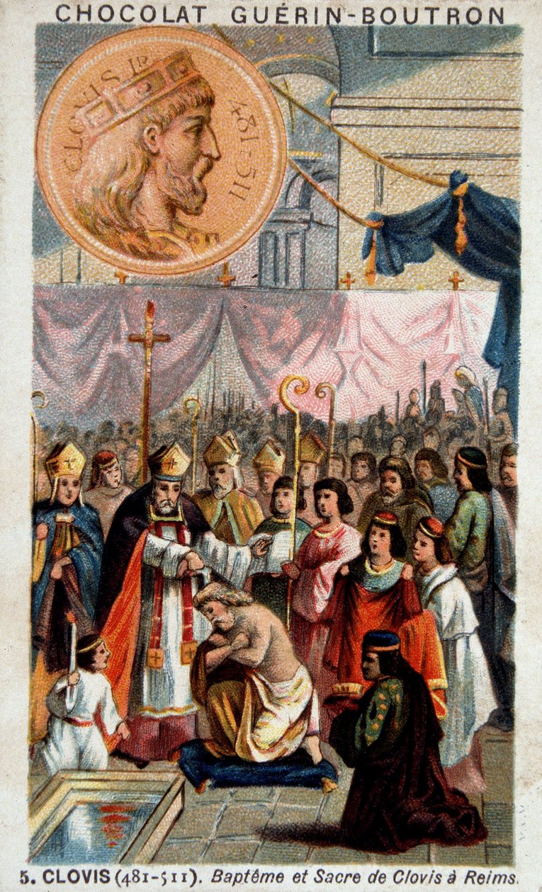 Dop och helgedom av Clovis i katedralen i Reims, 25 december 496, av Saint Remi, eveque i Reims. av French School