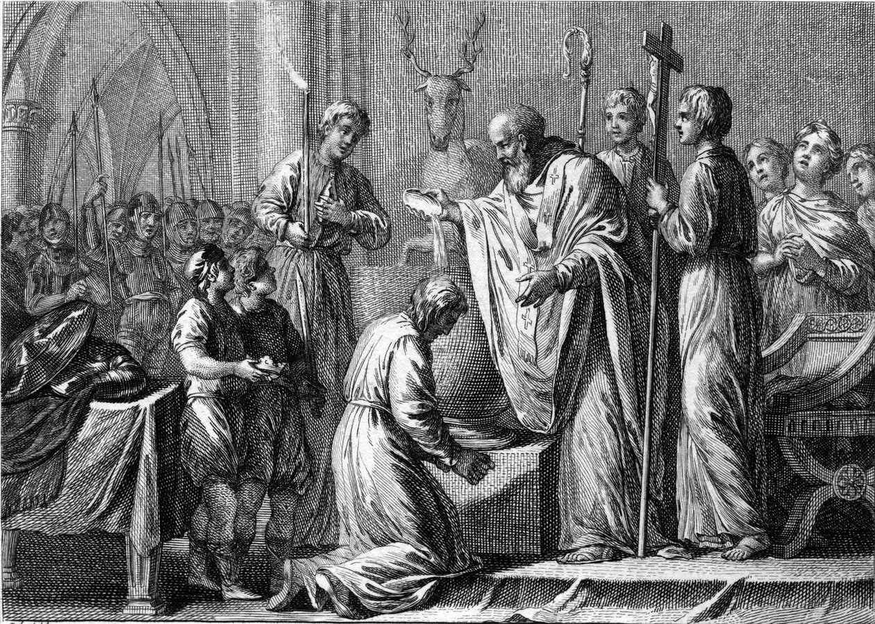 Dop av Clovis 1, 25 december 496: frankernas kung (466-511) döps av Saint Remi (437-533), eveque av Reims, i kyrkan Saint Martin. Gravyr av 1700-talet. av French School