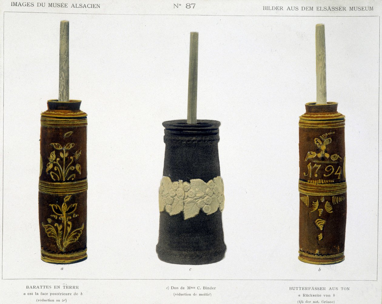 Barattes (för tillverkning av smör) i bearbetad lera bevarad på Alsace-museet, v.1800 av French School