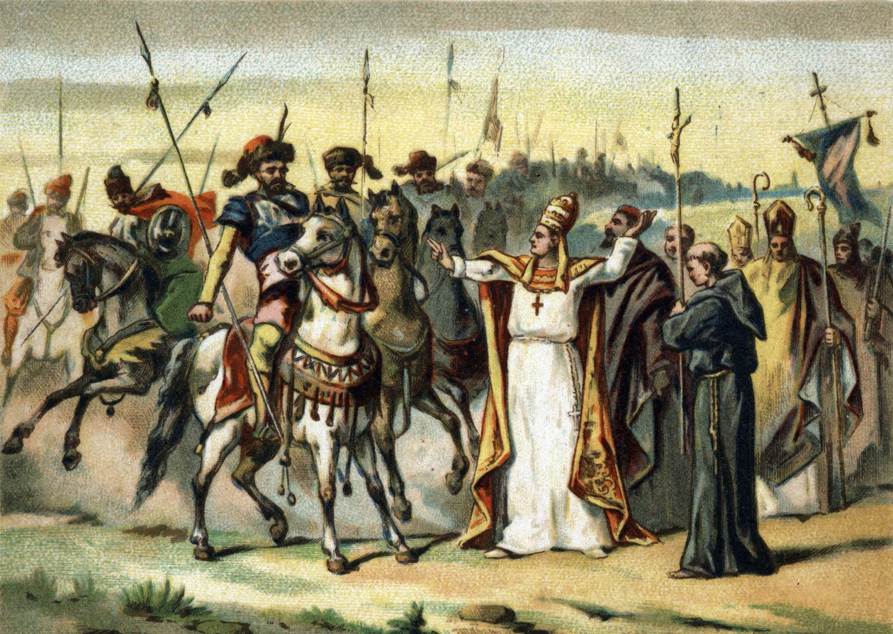 Barbarens invasioner - Attila och Saint Leon I den store (440-461): barbaren Attila, ledare för hunnerna, möter påven Saint Leon den store som lyckades övertyga honom att skona Italien. Kromolitografi från slutet av 1800-talet av French School