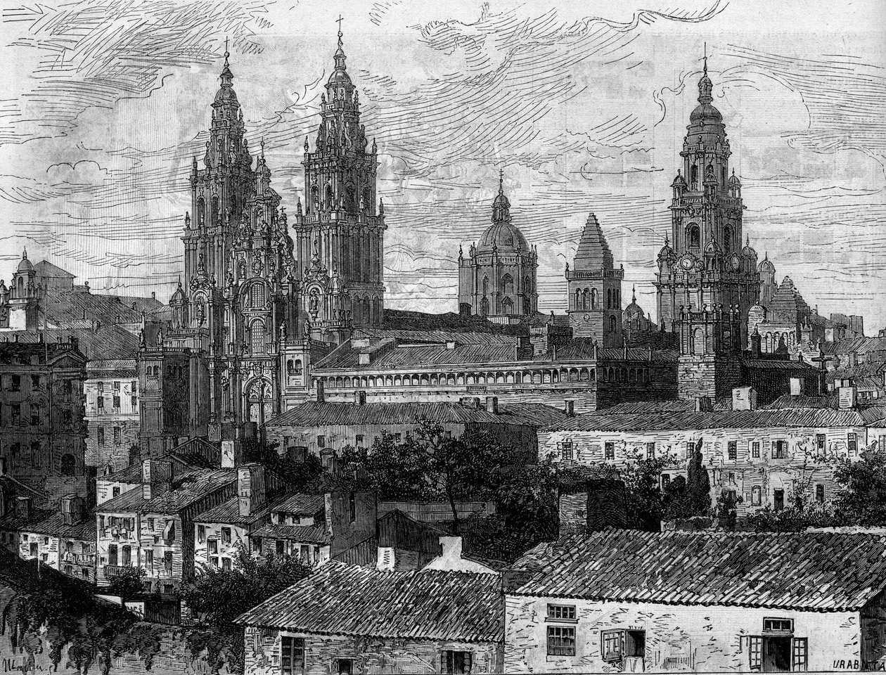 Barockkonst: utsikt över katedralen i Santiago de Compostela (Santiago de Compostela). Spanien. Gravyr i "" Le Monde Illustré"" nr 1220 av 14 augusti 1880. av French School