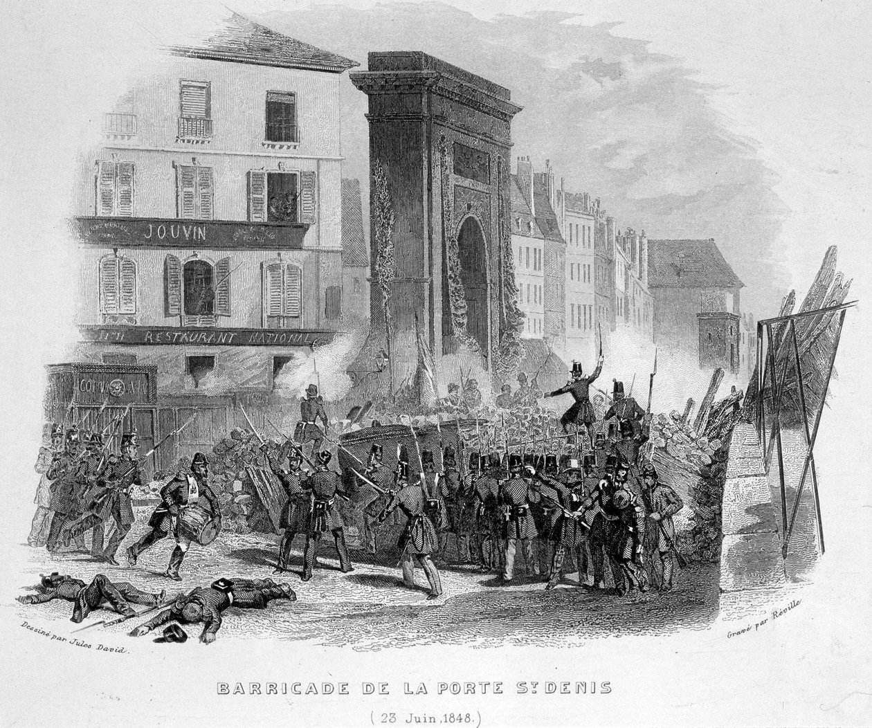 Barrikaden av Porte Saint Denis (23 juni 1848) - i "Fasttes de Gardes Nationales de France"" av French School