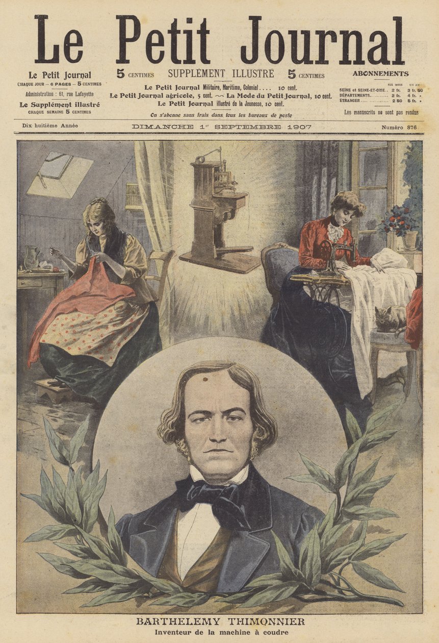 Barthelemy Thimonnier, fransk uppfinnare av symaskinen (färglitografi) av French School
