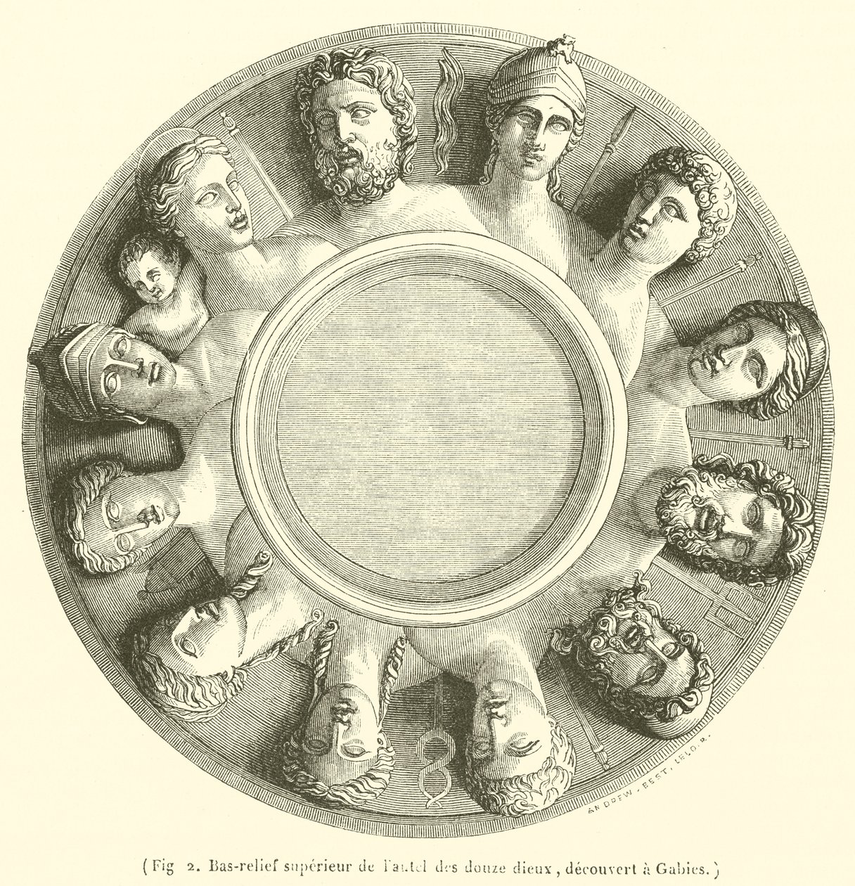 Övre basrelief av de tolv gudarnas altare, upptäckt i Gabies (gravyr) av French School