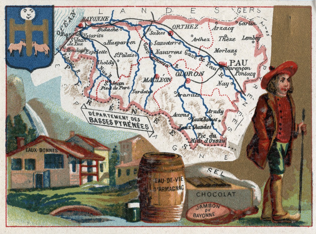 Baser Pyrenees, nu Pyrenees-Atlantiques (Pyrenees Atlantiques, 64), Aquitaine, Frankrike. Termalbaden i eau-bonnes (vattengoda), Armagnac-brandy, choklad, salt och bayonneskinka. Serie om de franska departementen. Kromolitografi (Chromo)” av French School