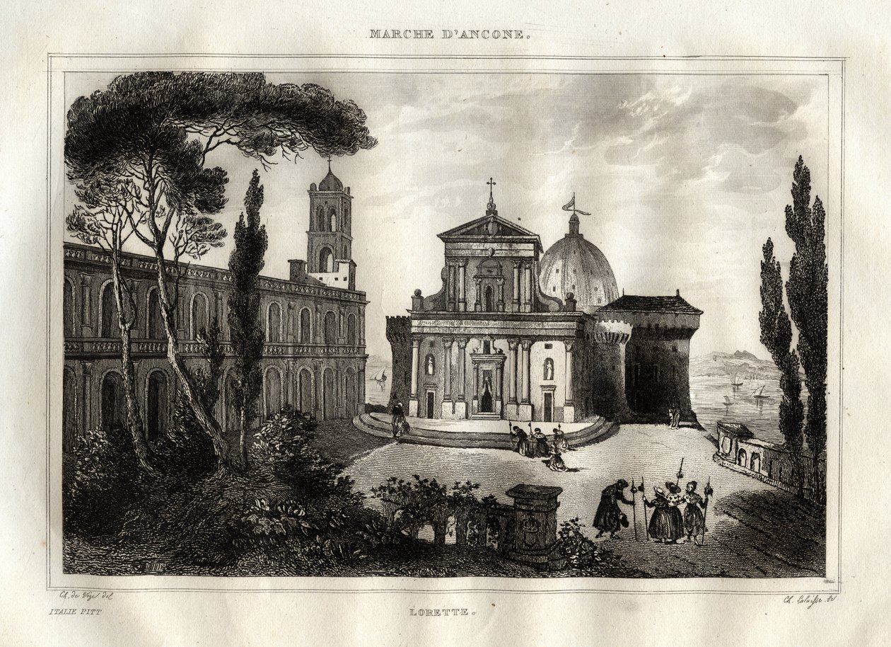 Basilica della Santa Casa - Loreto - Lorette helgedom - Loreto - Basilica of Our Lady of Loreto - Holy House of Loreto eller House of Nazareth - Gravyr från "" Pittoreska Italien"" - Historisk och beskrivande målning av Italien"" av M. de Norvins, Ch. N av French School