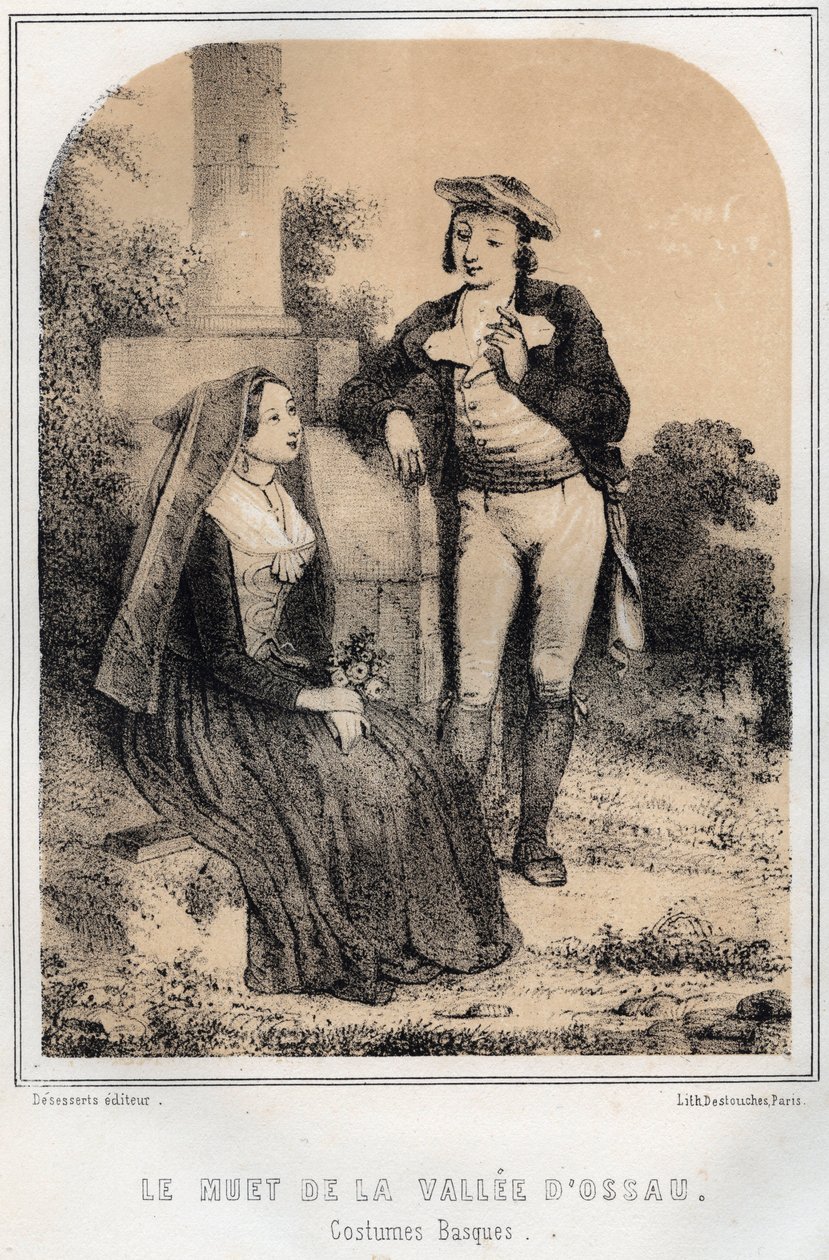 Baskiska kostymer - Ossaudalens stumma - gravering i "Les soirees de mon uncle souvenirs et recits de voyages" av MORING MICHEL - Slutet av 1800-talet av French School