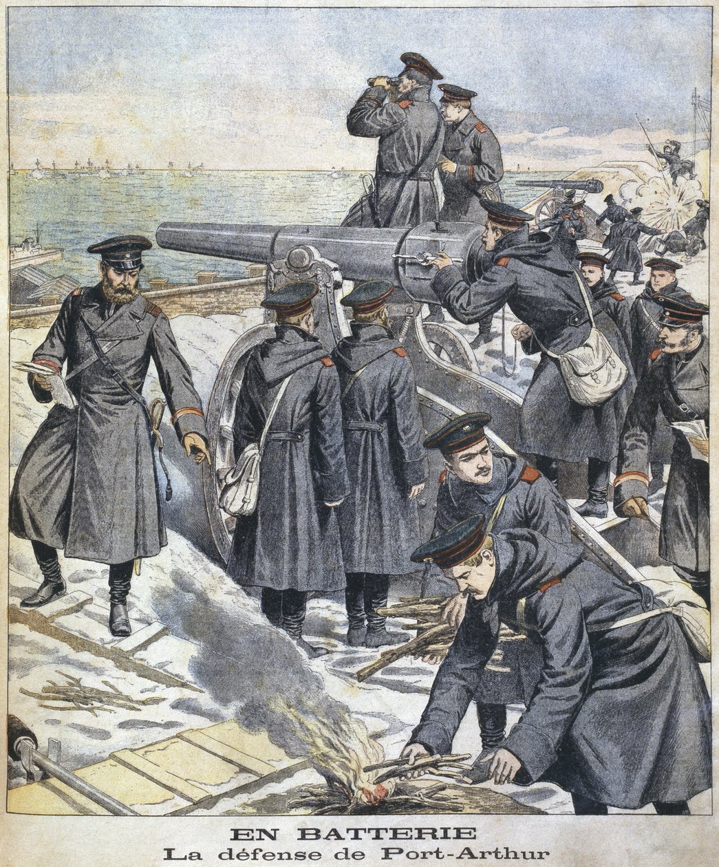 Batteri, försvar av Port Arthur, illustration från le Petit Journal: Supplement Illustre, 27 mars 1904 av French School