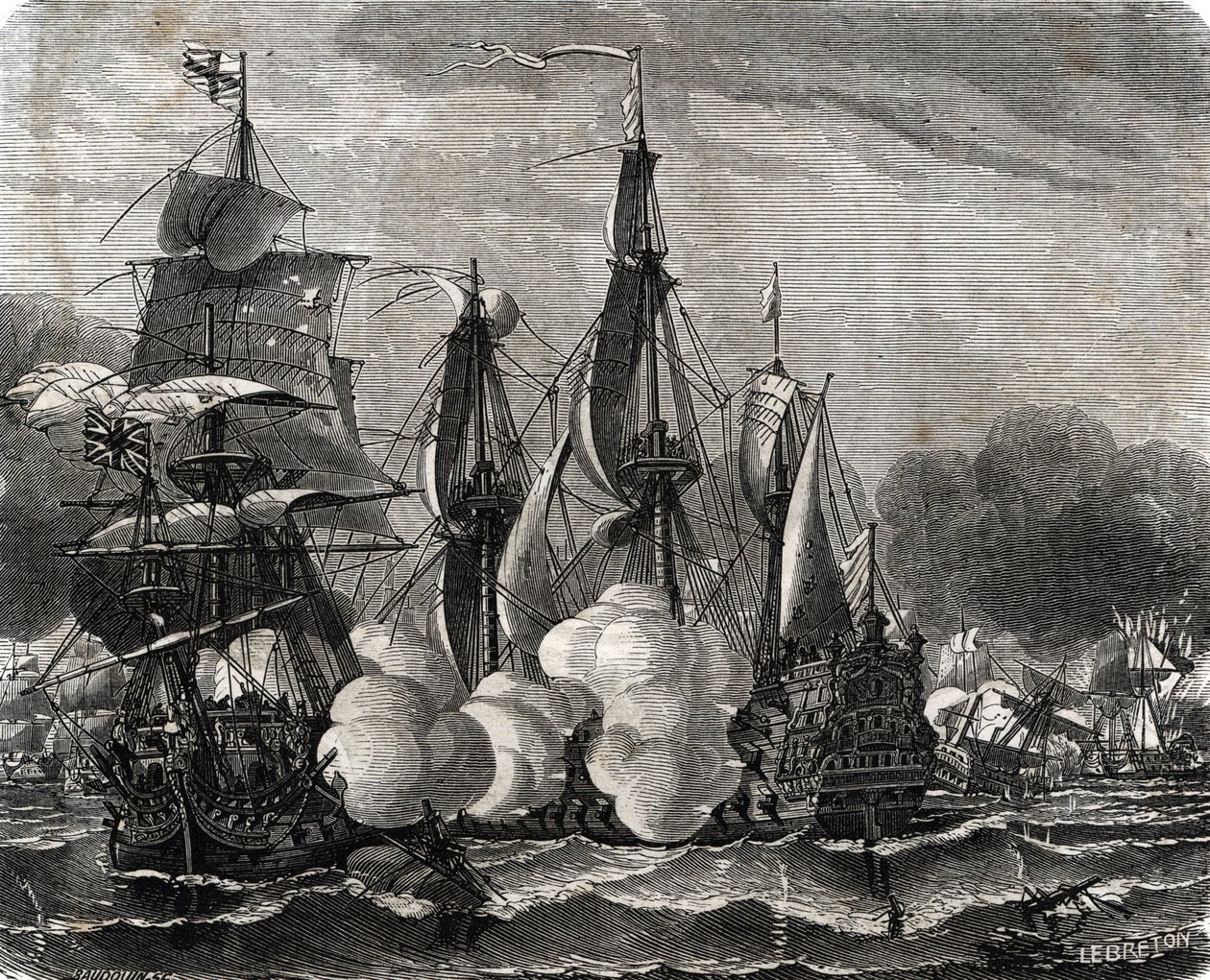 "Slaget vid Bantry Bays flotta engagemang utkämpades den 11 maj 1689, en vecka före deklarationen av det nioåriga kriget (Slaget vid Bantry Bays flottangrepp utkämpades den 11 maj 1689, en vecka före deklarationen av det nioåriga kriget) Gravyr från Lahure av French School