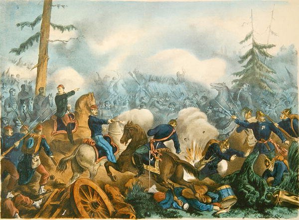 Slaget vid Bapaume, 3 januari 1871, graverad av F. Wentzel, Paris (färgad gravyr) av French School