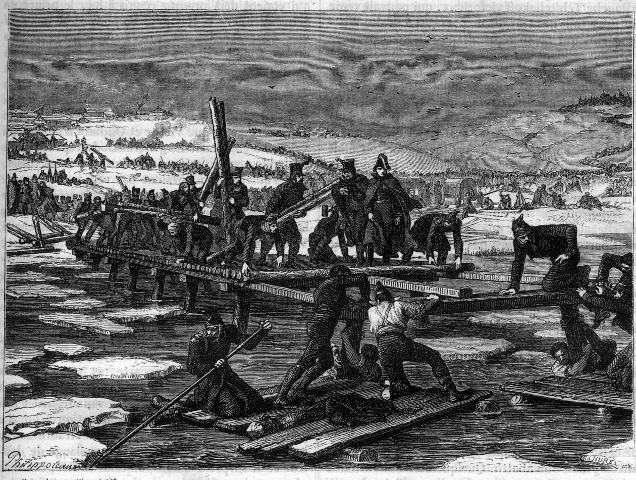 Slaget vid Berezina, 26-29 november 1812, ett katastrofalt nederlag för Napoleon under hans reträtt från Ryssland - ryskt fälttåg, reträtt: byggandet av två broar över Berezina av brosapparna från Great Armee under ansvar av G av French School