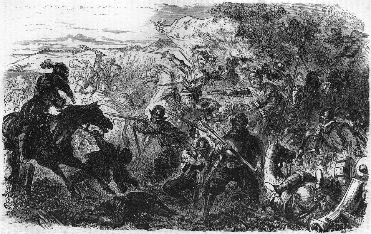Slaget vid Coutras 1587, vunnet av Henri de Navarre, framtida Henrik IV. I ""Popular History of France"", nd. ca 1885. Gravyr. av French School