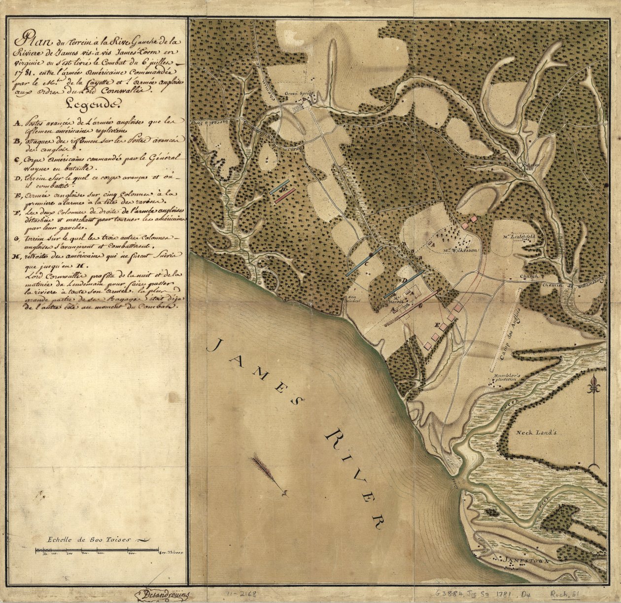 Battle of Green Spring, karta över landet på James Rivers vänstra strand mittemot Jamestown i Virginia där slaget den 6 juli av French School