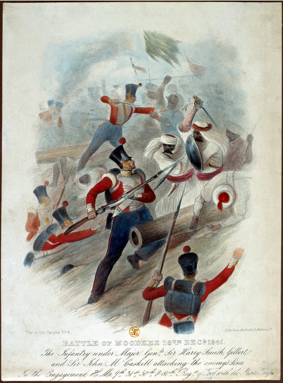Battle of Moodkee, 18 december 1845, nr 4 från War in the Punjab, graverad av W. Kohler efter Lenfant Bros., publicerad av William Spooner, ca 1845 av French School