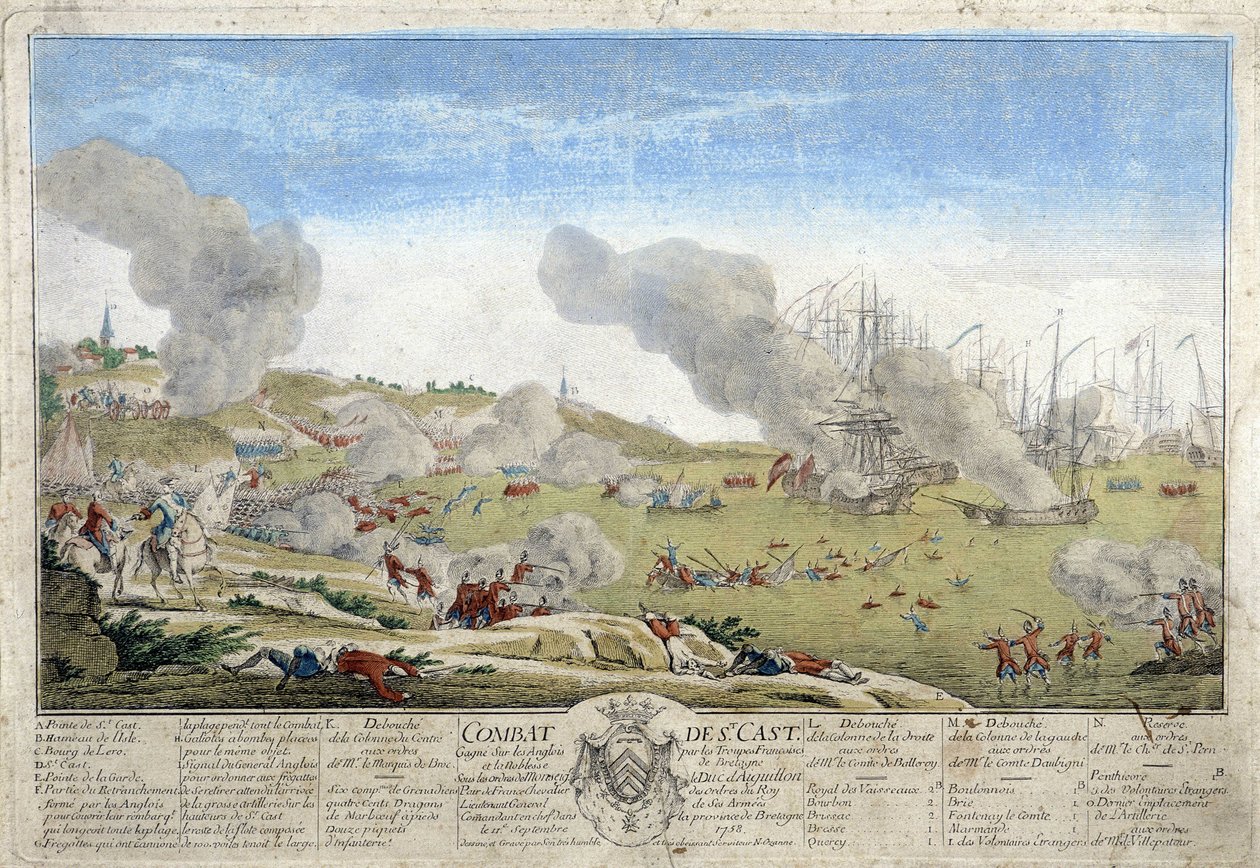 Slaget vid Saint Cast under vilket de franska trupperna i Bretagne slog engelsmännen 1758. Illustration bevarad på Dinans museum. av French School