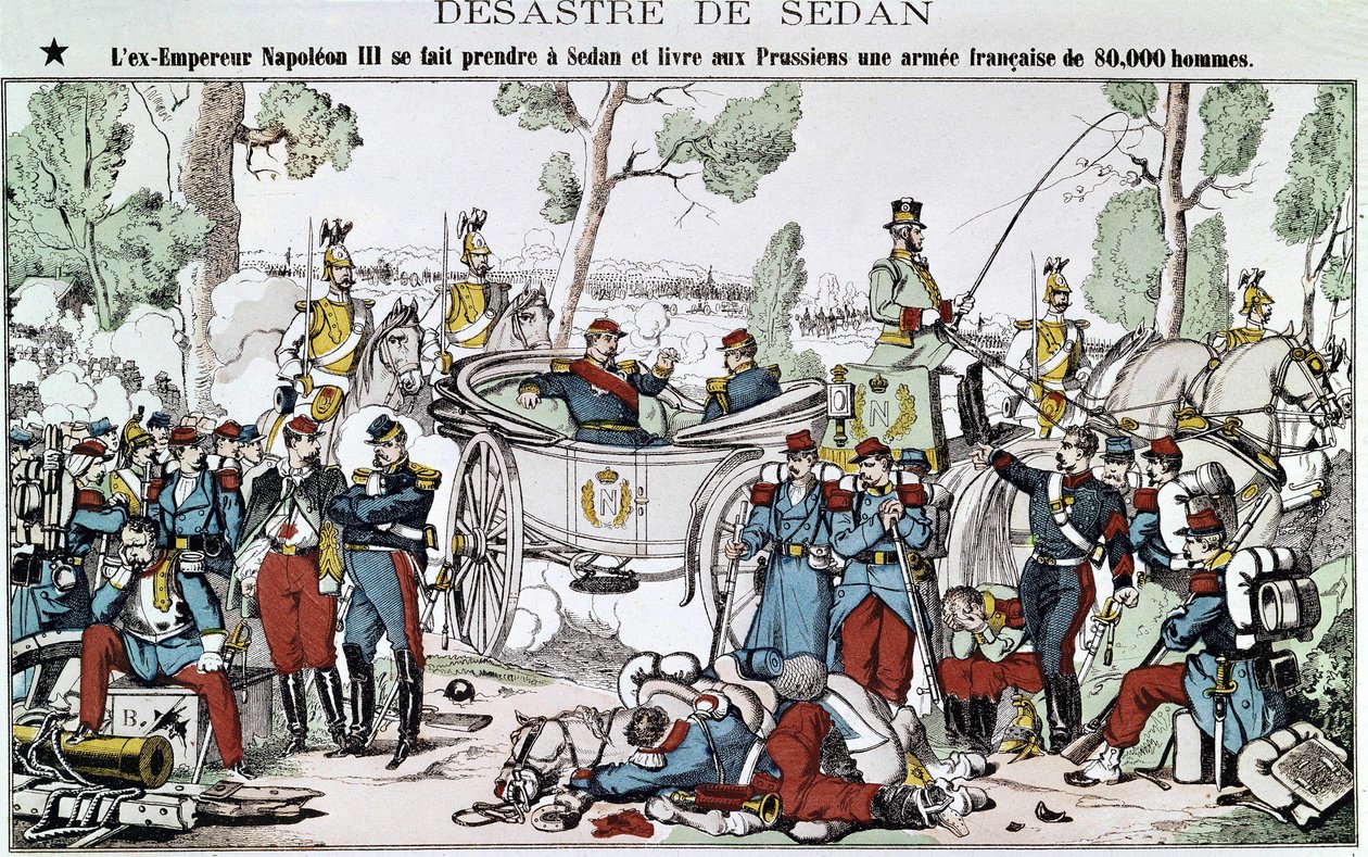 Slaget vid Sedan 1870. Den före detta kejsaren Napoleon III fastnar i Sedan och levererar till preussarna en fransk armé på 80 000 man, bild av en ryggrad. av French School