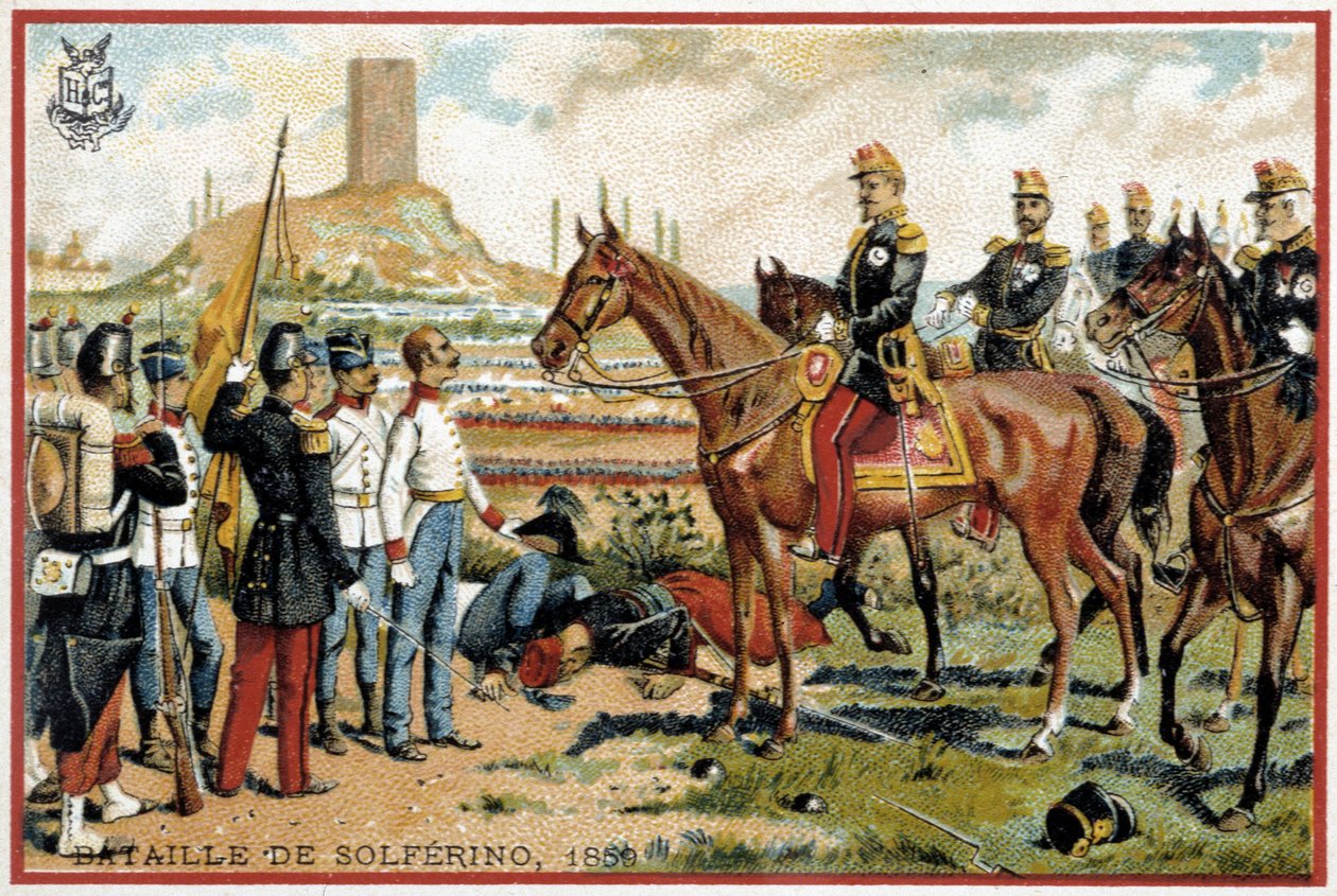 Slaget vid Solferino: Seger i slaget vid Solferino mot österrikarna 1859 - Forey division. Liebig kromolitografi av French School