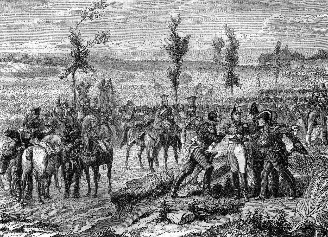 Battle of Waterloo, War of the Seventh Coalition 1815, illustration från "History of the empire following the history of the consulat", av Adolphe Thiers av French School