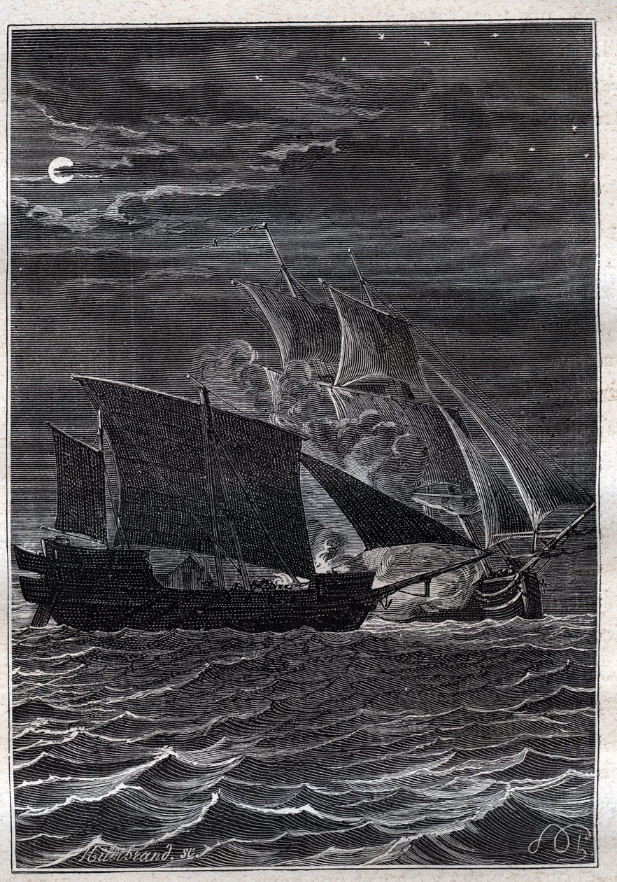 Slaget om svalan och en malaysisk paro: Svalskeppet av Philip Carteret eller Philippe de Carteret (1733-1796) kämpade med ett malaysiskt piratskepp i de indonesiska vattnen 1767 - illustration från "The Great Mariners of the 18th century"" av French School