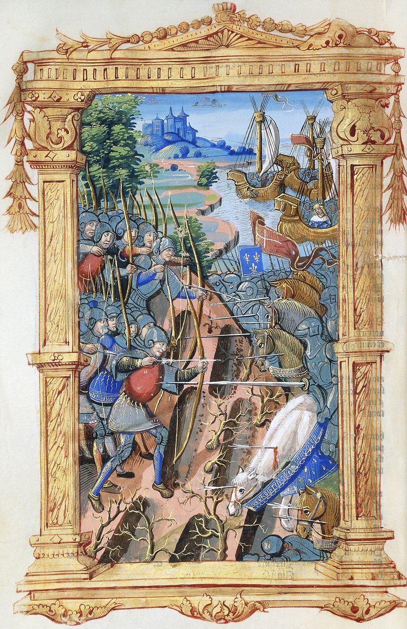 Stridsscen mellan bågskyttar och kavalleri, med slott och skepp, ca 1495-1500 av French School