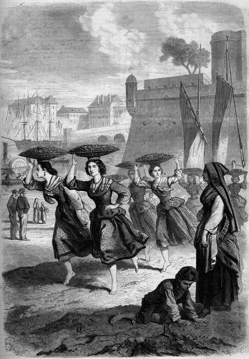 Bayonnes sardinhandlare på väg till Biarritz, Pyrenees Atlantiques (64) av French School