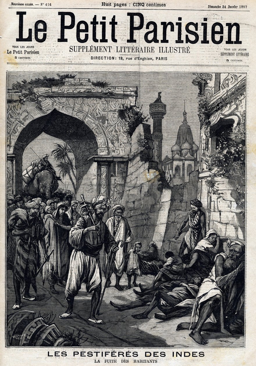 Stranddrabbade Indien, invånare hittar epidemin innan de drabbas av digerdöden. Den engelska tidningen Le petit Parisiens förstasida. 24 januari av French School