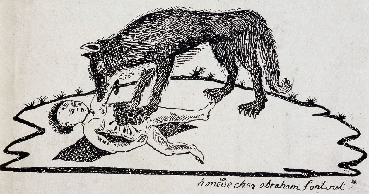 Beast riven a child (beast of the Gévaudan) - trästick publicerad i Mende (Archives du Puy-de-Dôme) av French School