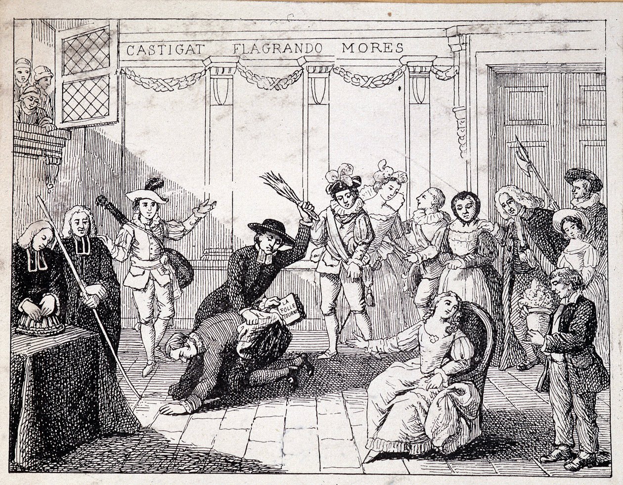 Beaumarchais piskas i Saint Lazare - scen med Beaumarchais som håller i broschyren för Folle journee - från ap. målning av Comedie Francaise, gravyr av French School