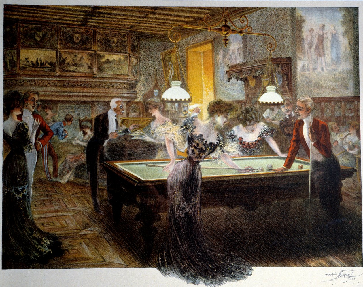 Vacker period: biljardspel, tidigt 1900-tal (litografi) av French School