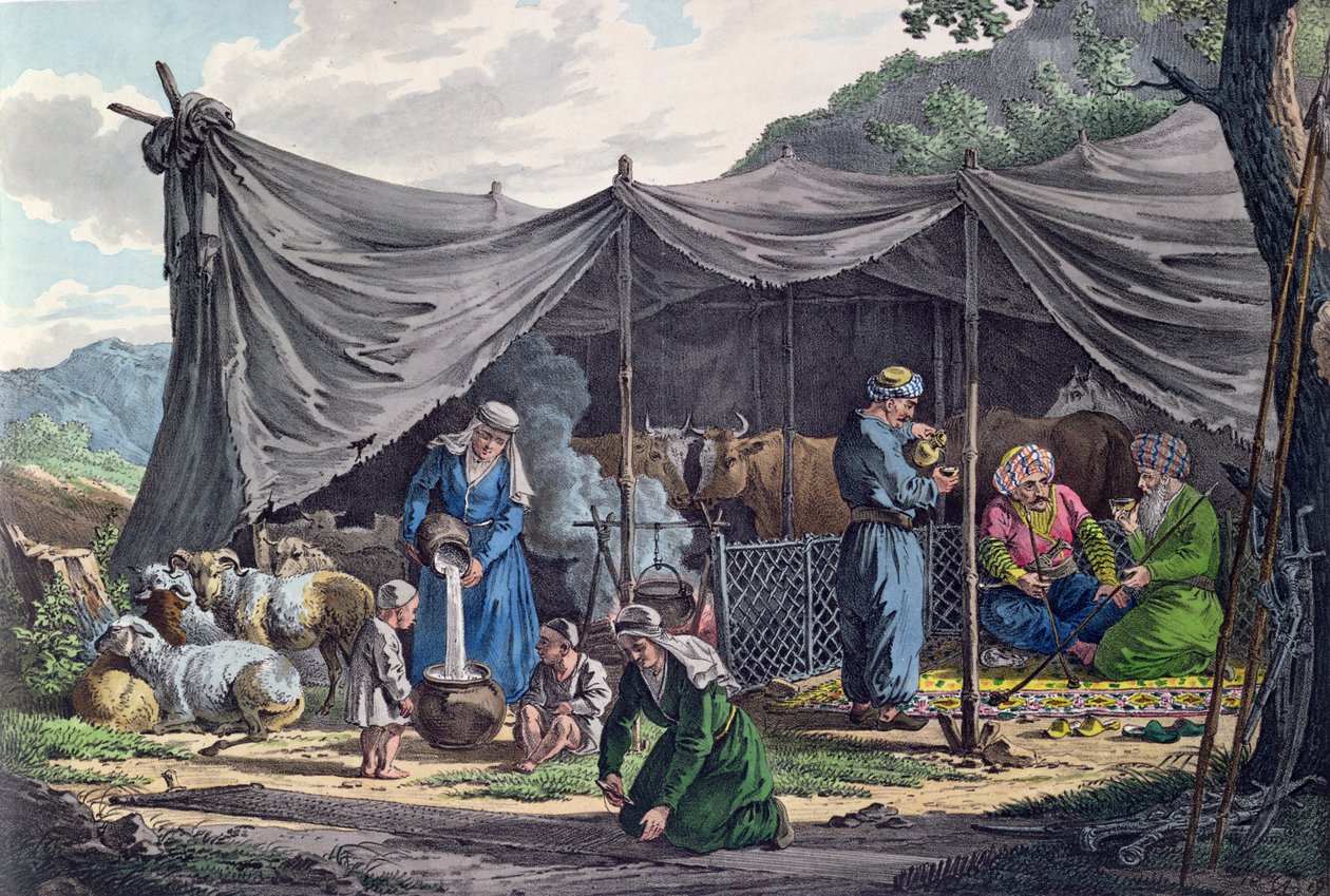 Beduinläger i Libanon, tidigt 1800-tal (färgstick) av French School