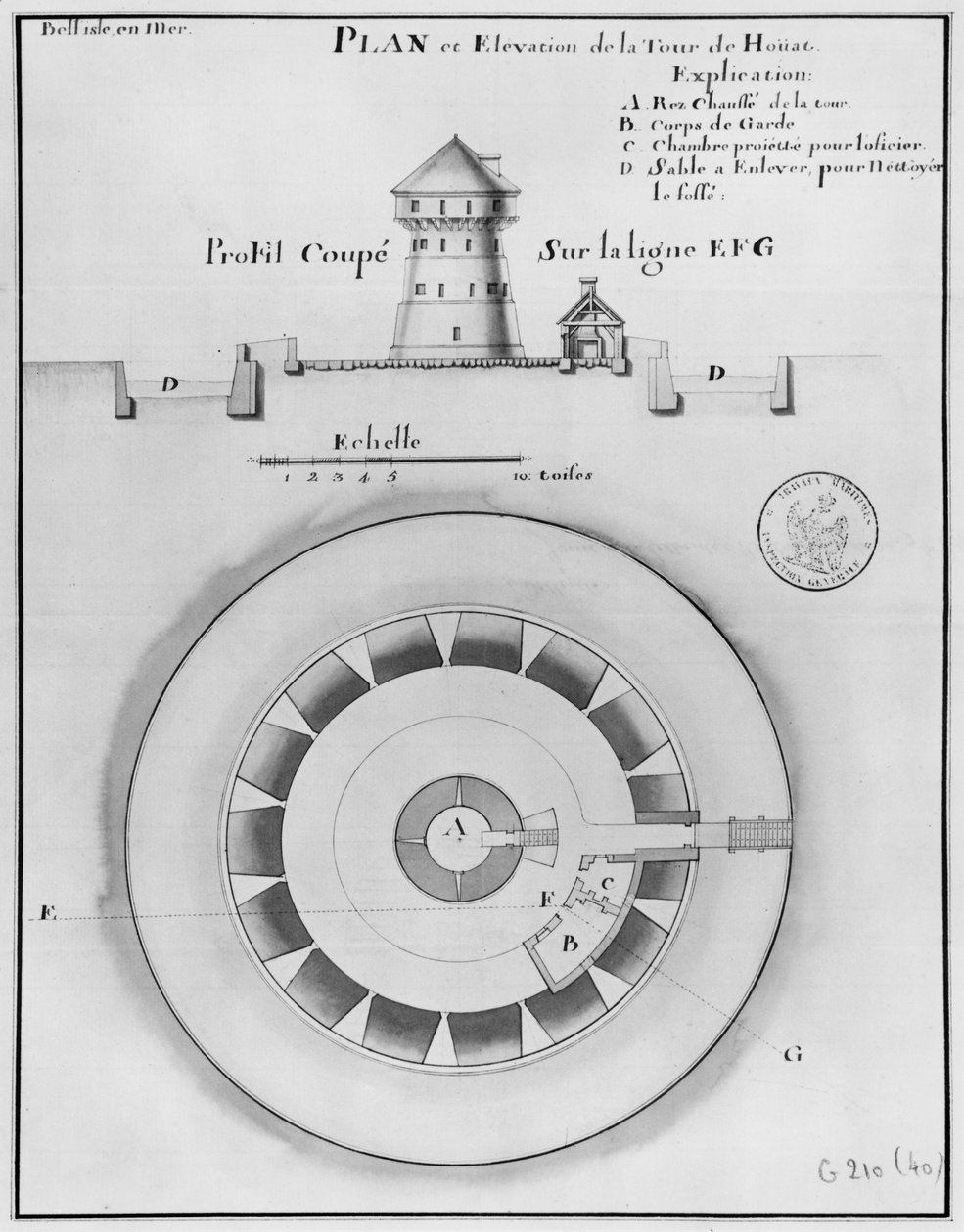 Belle Isle en Mer, plan och förhöjning av Houats torn, 1745 (penna och bläck och w:c på papper) av French School