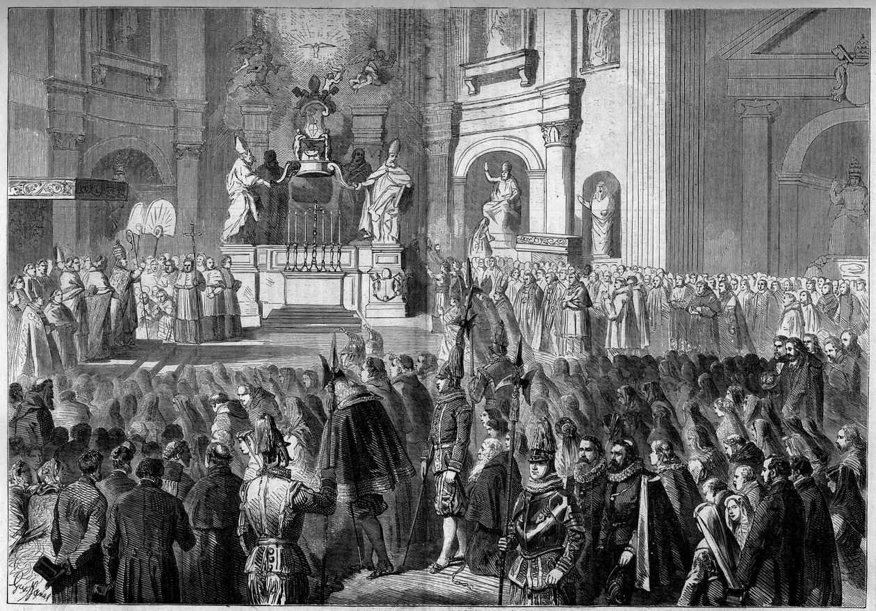 Välsignelse av påven Pius IX (1792-1878) av altaret på predikstolen i Peterskyrkan i Rom, efter restaurering. Altare byggt mellan 1656 och 1658 av Gianlorenzo Bernini (Bernini av French School
