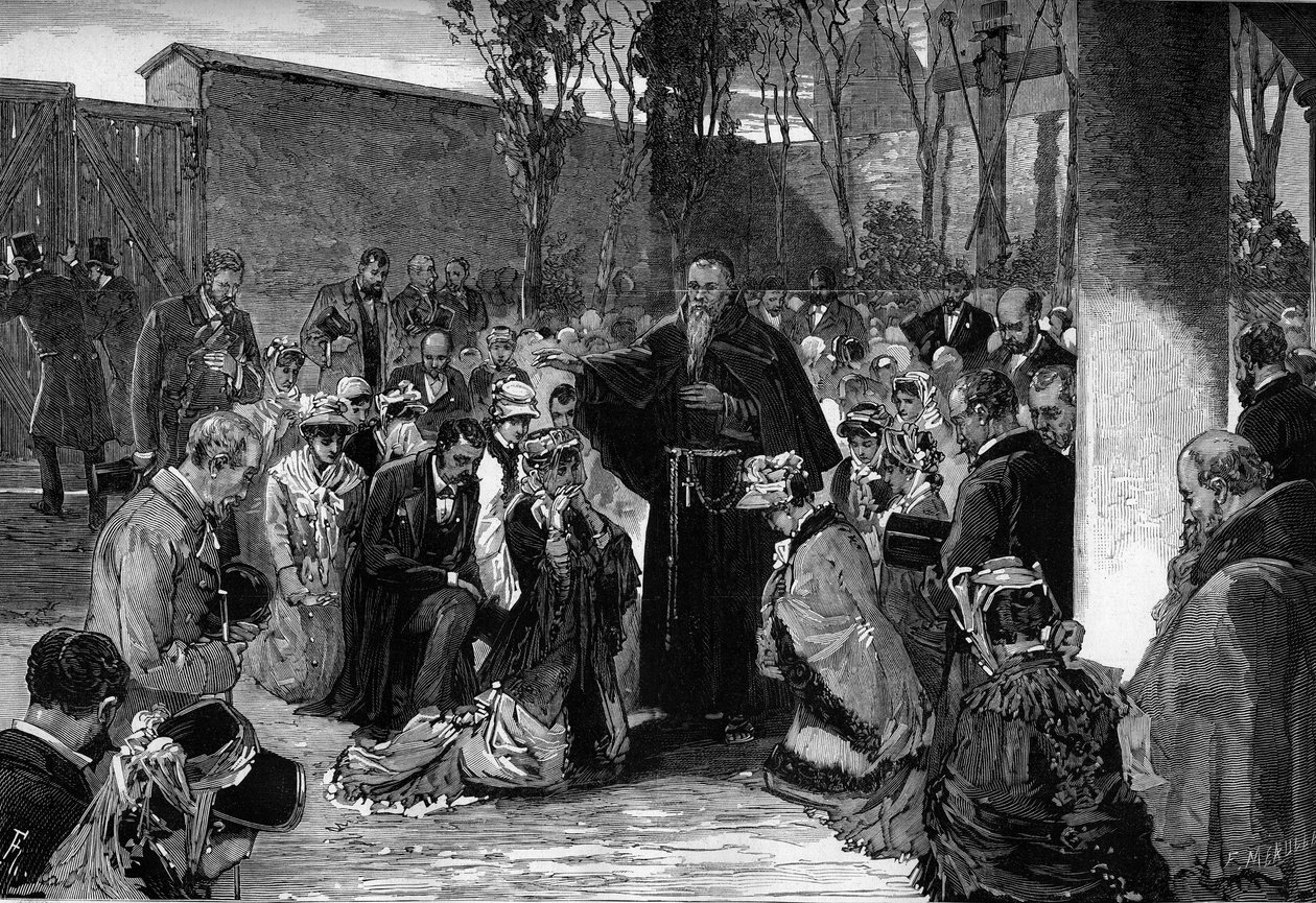 De troendes välsignelse vid kapucinernas domstol i rue de la Sante i Paris den 30 oktober 1880, före deras utvisning efter dekreten från mars 1880 utfärdade av Jules Ferry, som tog bort rätten att undervisa medlemmar av obehörig religion. av French School