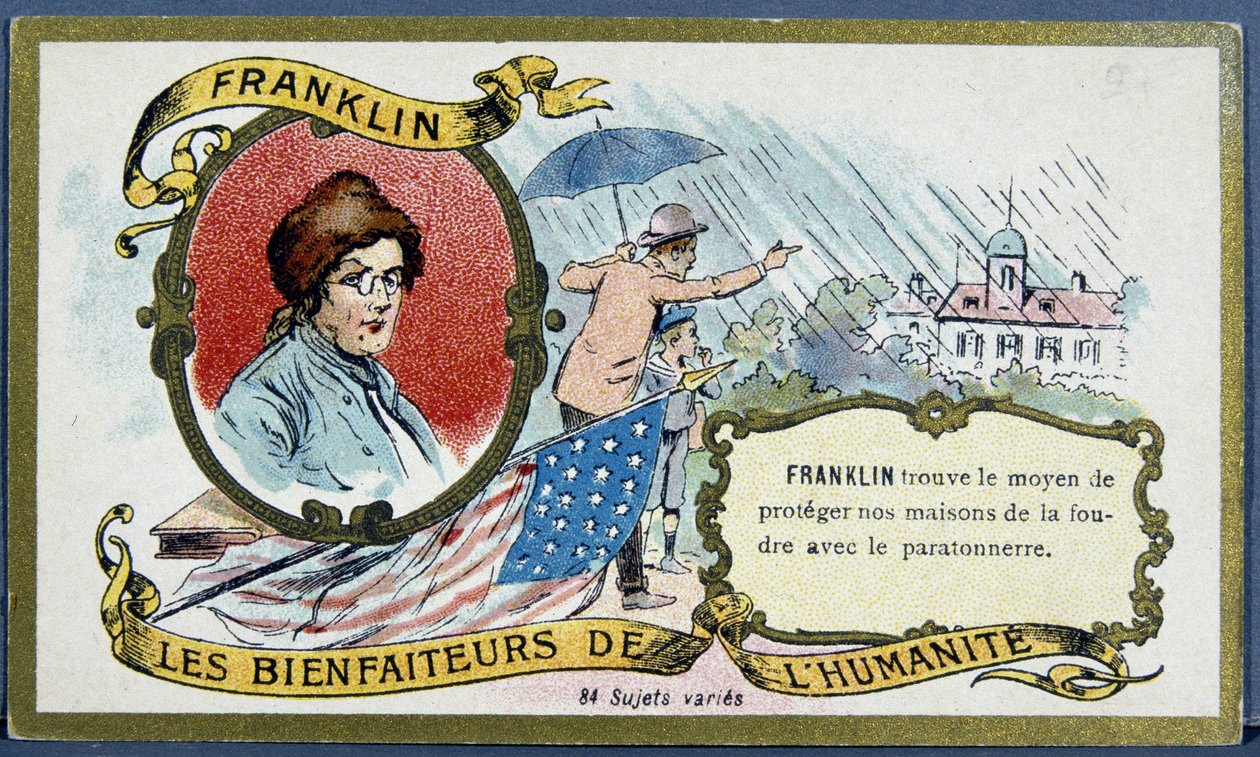 Benjamin Franklin, amerikansk politiker och fysiker (1706-1790) och åskledaren - chromo., deb. 1900-talet av French School