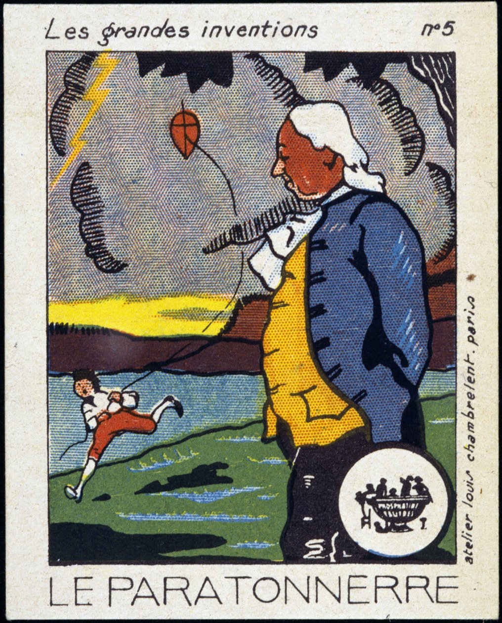 Benjamin Franklin, amerikansk politiker och fysiker (1706-1790) och blixtledaren (upplevelsen av draken) - Label, Deb. 1900-talet av French School