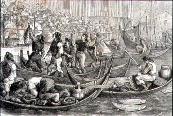 Bergens fiskmarknad på 1860-talet (gravyr) av French School